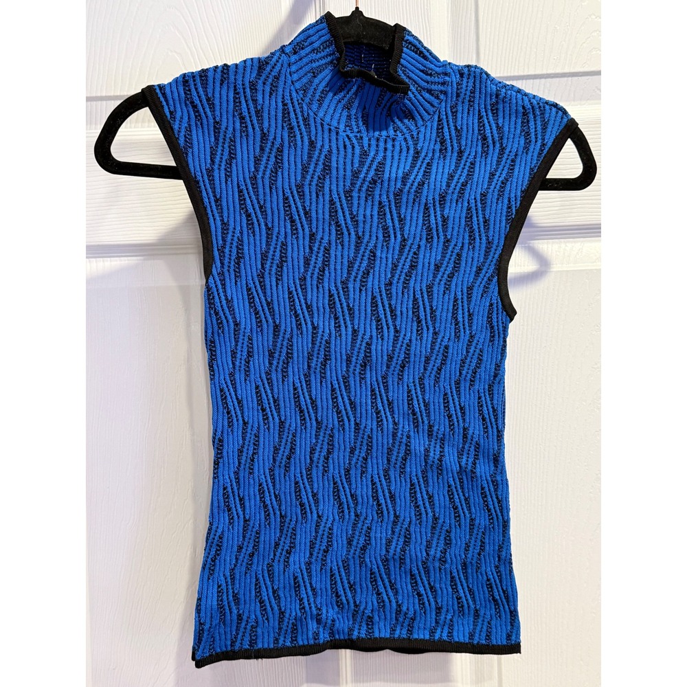 White House Black Market Blue Black Textured Mock Neck Sleeveless‎ Top XSP